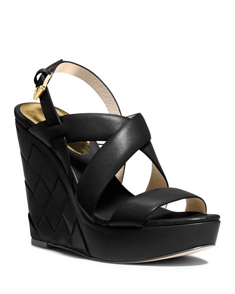 Michael Kors Cunningham Leather Woven Open Toe Wedges Black